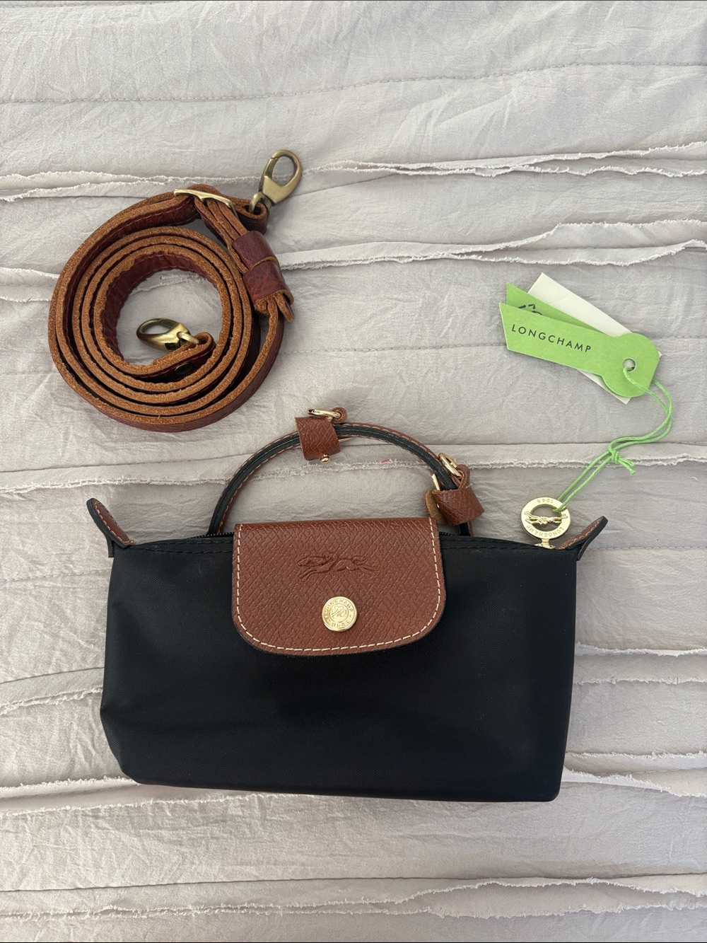NWT Longchamp Mini Black Nylon Crossbody with Brown Leather Strap and Zip Insert